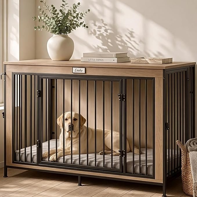 48" XL Dog Crate Furniture for Large Dogs, Farmhouse Light Oak Wood Dog Kennel, Heavy Duty Anti-Chew Steel Frame, Escape Proof Pet Crate, 3 Door Indoor Dog House, TV Stand Entertainment Center 350LB