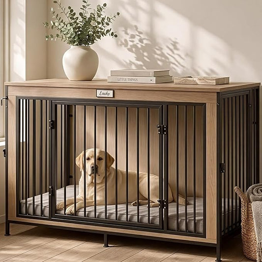 48" XL Dog Crate Furniture for Large Dogs, Farmhouse Light Oak Wood Dog Kennel, Heavy Duty Anti-Chew Steel Frame, Escape Proof Pet Crate, 3 Door Indoor Dog House, TV Stand Entertainment Center 350LB