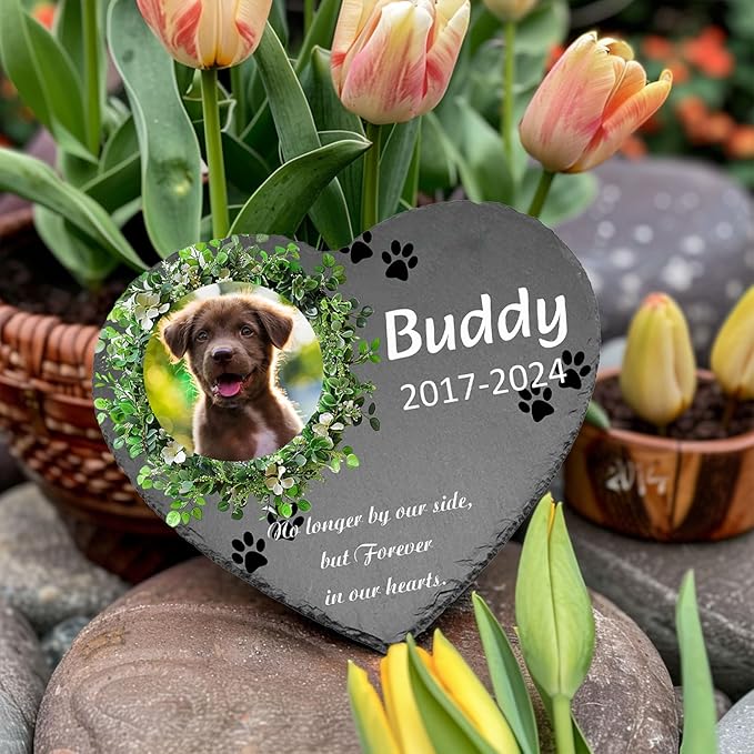 Custom Dog Memorial Stone with Photo & Name – Personalized Pet Headstone, Paw Print Keepsake Gift for Dog Loss, Outdoor Garden Slate Plaque