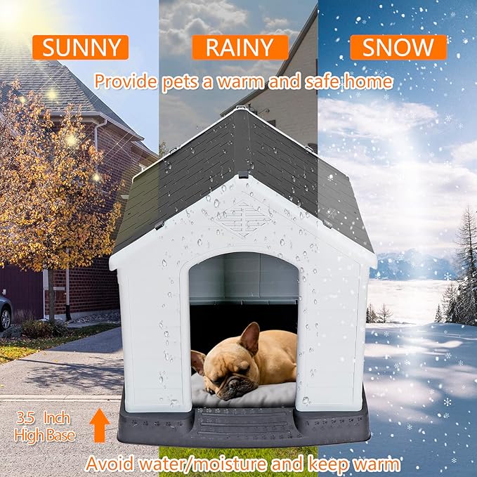 Durable Waterproof Plastic Dog House for Small to Large Dogs, Indoor Doghouse Puppy Shelter with Air Vents and Elevated Floor, Outdoor Kennel for Yard, Patio, Garage, Easy to Assemble