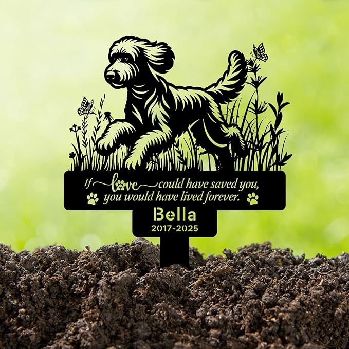 Custom Goldendoodle Memorial Stake with Name & Date, Personalized Pet Metal Memorial Garden Stakes for Doodle, Pet Doodle Stake Dog Loss Sign Pet Garden Memorial Sign Pet Grave Markers