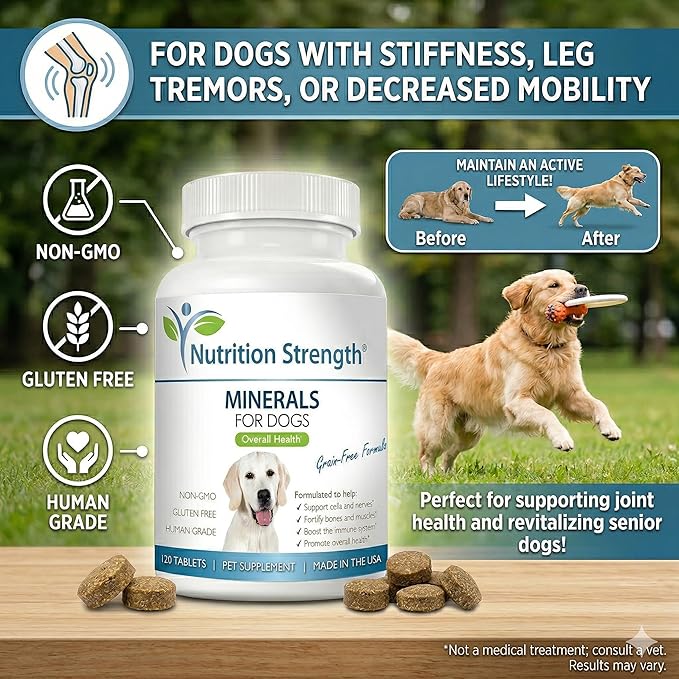 Dog Minerals & Electrolytes - Essential Raw Diet Balancer & Senior Dog Vitality Support - Calcium, Magnesium, Zinc, Iron & Selenium for Bone, Muscle & Nerve Health - 120 Tablets