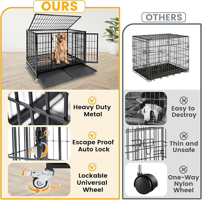 4-Pack Heavy Duty Indestructible Dog Crate 47 Inch with Removable Tray, Escape Proof Metal Dog Cage Kennel Indoor with Top Door & Auto-Locks, Stackable Big Dog Crate for High Anxiety Large Dogs, XL