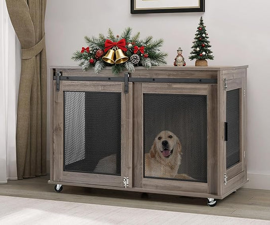 LINLUX 40 Inch Dog Crate Furniture, Wooden Heavy Duty Dog Kennel Indoor, Decorative Dog Cage Table for Large Medium Dogs, with Sliding Doors, Wheels and Flip-top Plate