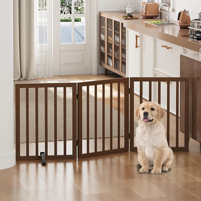 Dog Gate for Doorways, Freestanding Foldable Dog Gate Indoor, Pet Gates for Doorways Bedroom, Puppy Gate with Metal Support Feet, 3 Panels (Rustic tan)