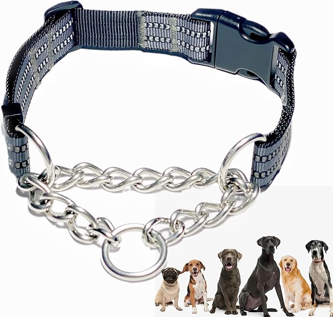 Martingale Collars for Dogs, Heavy Duty Stainless Steel Chain Training Collar, Reflective Nylon Adjustable Collar with Quick Release Buckle, Suitable for Puppy Medium Large Dogs (Gray, M)