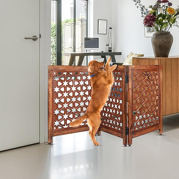 Decorative Wooden Pet Gate, Dog Fence, Cat Gate, Foldable, Adjustable, Portable, Extra-Wide, Wooden Dog Barrier, Free-Standing Puppy Gate 3 Panels for Indoor, Doorways, Stairs-24x54 Inch Burnt Antique