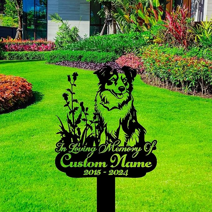 Custom Australian Shepherd Memorial Grave Marker Metal Sign, Personalized Dog Memorial Garden Stake, Dog Burial Markers with Name Engraved, Pet Headstones for Dogs, Cemetery Decoration