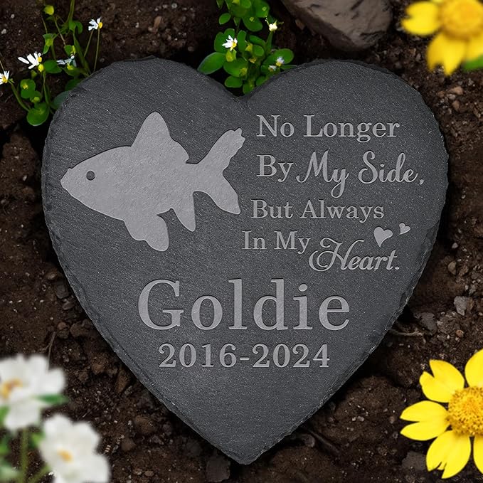 Fish Memorial Stone Fish Headstone - Memorial for Fish - Loss of Fish - Fish Keepsake - Pet Remembrance Fish - in Memory of Fish (Heart-Shaped)
