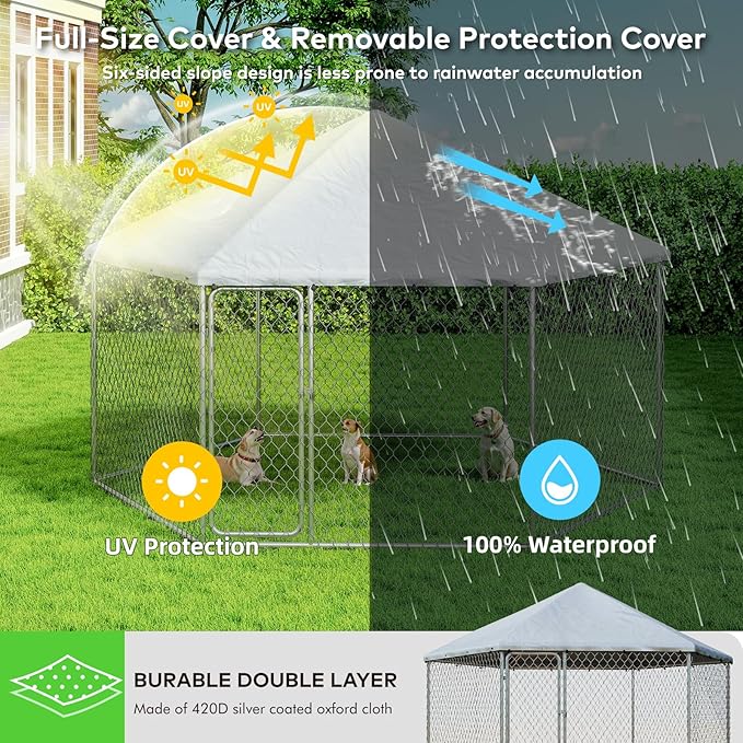 12.5'x12.5' Large Outdoor Dog Kennel for Outside with Heavy-Duty Steel Frame, Waterproof UV-Resistant Cover, Secure Lock, and Sturdy Enclosure Fence