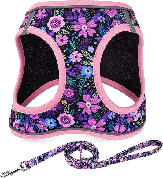 Step in Dog Harness and Leash Set, Reflective Adjustable No Pull Dog Harness for Small Medium Dogs Puppy and Cats, Soft Padded Mesh Vest Harnesses for Girl and Boy Pets(Pink Floral,L)