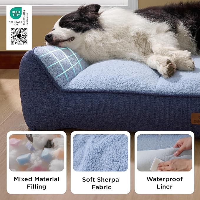 Bedsure SupportMax™ Orthopedic Dog Bed Medium Size Dog - As Seen on TV Extra Thick Supportive Medium Dogs Beds with Waterproof Washable Cover, Comfort Pet Bed Sofa with Soft Sherpa, Navy, 35"