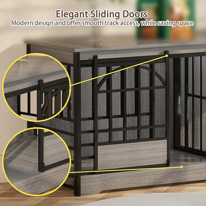 COZPAW 78 Inch Double Dog Crate Furniture, Extra Large Dog Kennel Indoor for 2 Dogs, Heavy Duty Dog Cage with Divider, Wooden Dog House Decorative Table TV Stand for XLarge Dogs (Grey)