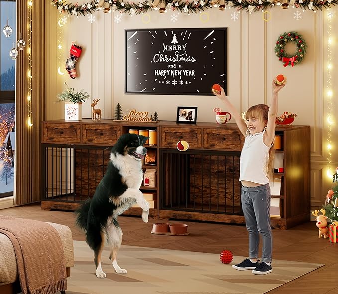 Dog Crate Furniture 47", Large Dog Crate TV Stand with 2 Drawers and 4 Shelves, Wooden Dog Kennel Indoor, Decorative Dog Cage with Storage for Large Dogs, Brown