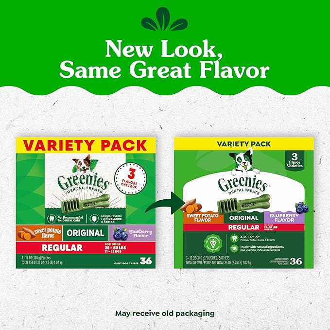 Greenies Veterinarian-Recommended Natural Dental Dog Treats, Dental Chews for Dogs, Regular Size, Variety Pack, (3) 12 oz. Packs, 36 Count