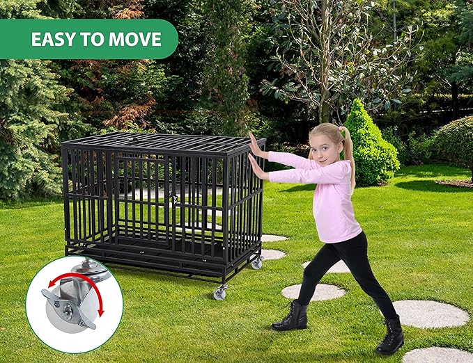 48'' Heavy Duty Dog Crate for Medium and Large Dogs Thickened Metal Dog Cage with Wheels, Double Doors & Locks Design Escape Proof, Indoor Large Dog Crate Heavy Duty Stackable Dog Kennel with Tray