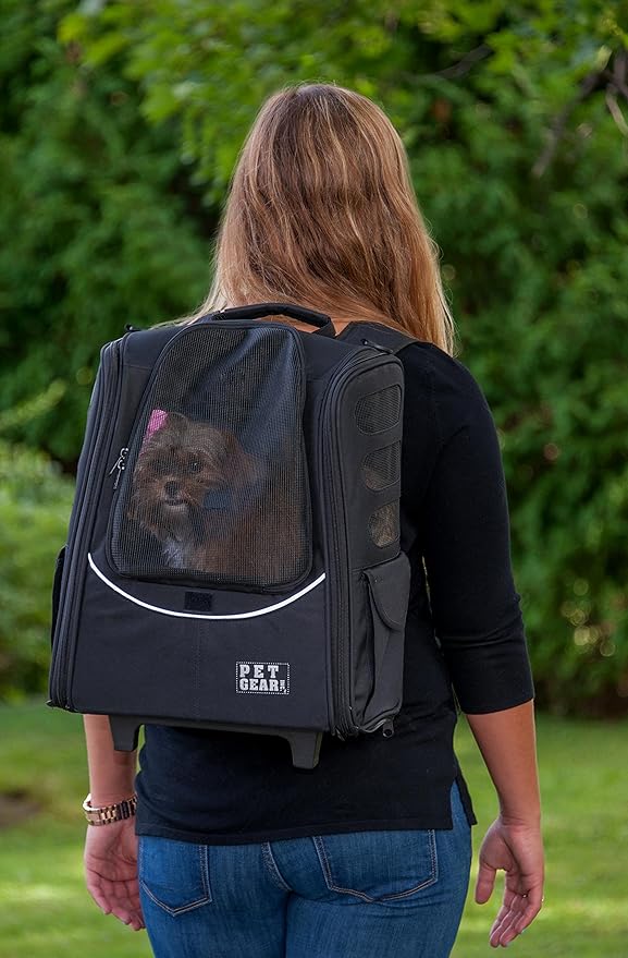 Pet Gear I-GO2 Roller Backpack, Travel Carrier, Car Seat for Cats/Dogs, Mesh Ventilation, Included Tether, Telescoping Handle, Storage Pouch