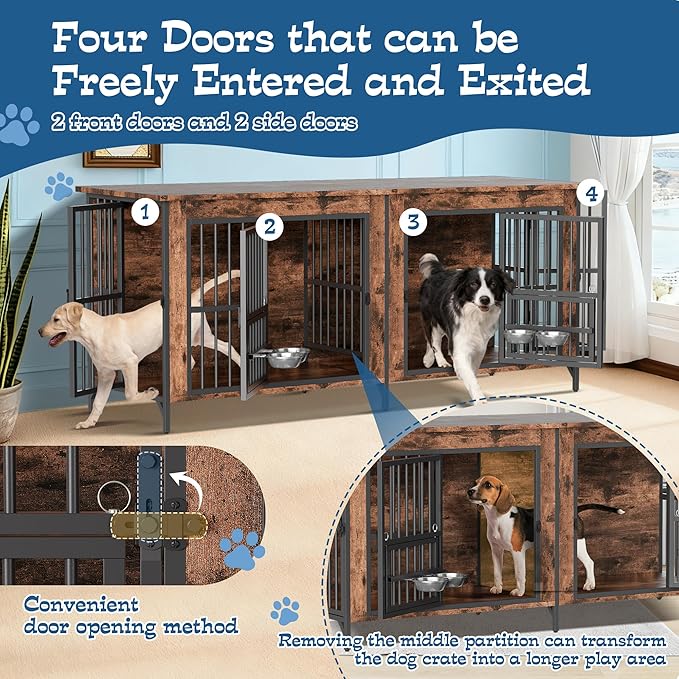 Grepatio 79" Double Dog Crate Furniture for 2 Dogs, Large Dog Kennel with 360° Rotating Feeder Bowls, Indoor Double Dogs Crates with 4 Doors, Wooden Dog Crate TV Stand with Removable Divider