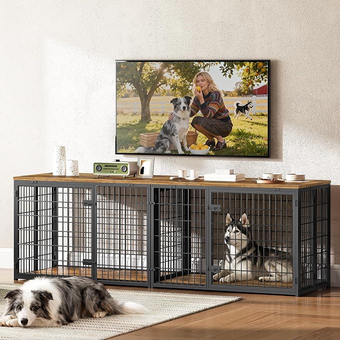 Foldable Dog Crate Furniture for 2 Dogs, 78.7'' Double Dog Kennel Indoor with Removable Divider, Heavy Duty Dog Cage, for Small/Medium/Large Dog, TV Stand, Rustic Brown DC200BR