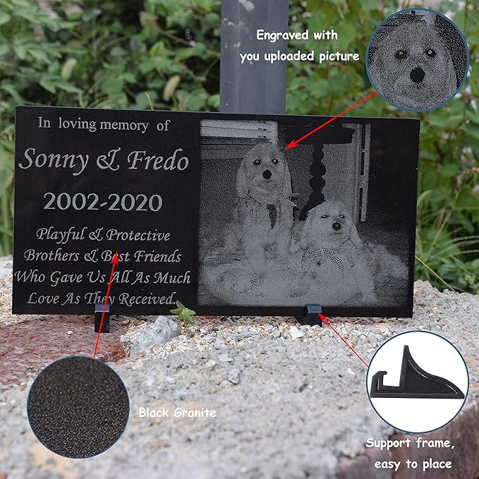 Runalp Dog Memorial Laser Engraved Granite Stone, Pet Memorial Headstone, Dog Memorial Marker with Picture, Customized