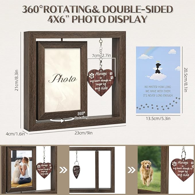 Dog Memorial Gifts – Rainbow Bridge Pet Loss Picture Frame with Rotating Double-Sided 4x6 Display, Wooden Pet Memorial Frame with Hanging Heart Charm, Sympathy Gift for Loss of Dog or Cat