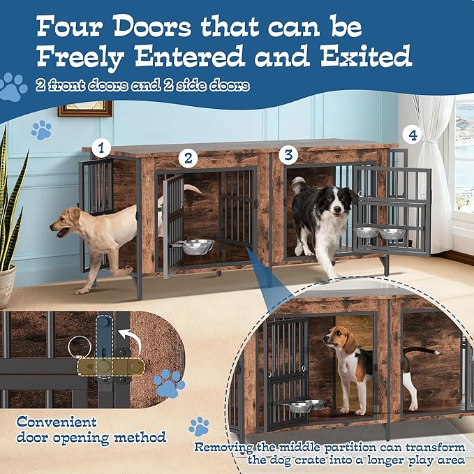 Grepatio 63" Double Dog Crate Furniture for 2 Dogs, Large Dog Kennel with 360° Rotating Feeder Bowls, Indoor Double Dogs Crates with 4 Doors, Wooden Crate TV Stand with Removable Divider