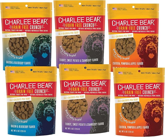 Charlee Bear Crunchy Dog Training Treats, Low Calorie (3 Kcal), Grain Free Natural Mini Dog Treats for Puppies, Small, Medium & Large Dogs, USA Made, Healthy 3 Flavor Variety Pack 8oz (6-Pack)