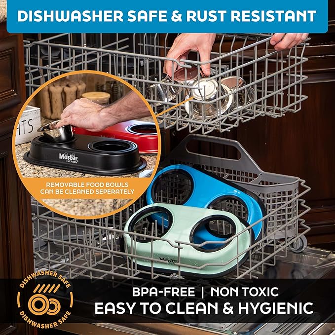 Master Pet Supply Double Dog Bowls Set with Elevated Base and 2 (8 oz) Stainless Steel Removable Dishes (Bone White) – Double Cat Food Water Bowl, Dog Puppy Food Bowl Set, Rust Resistant