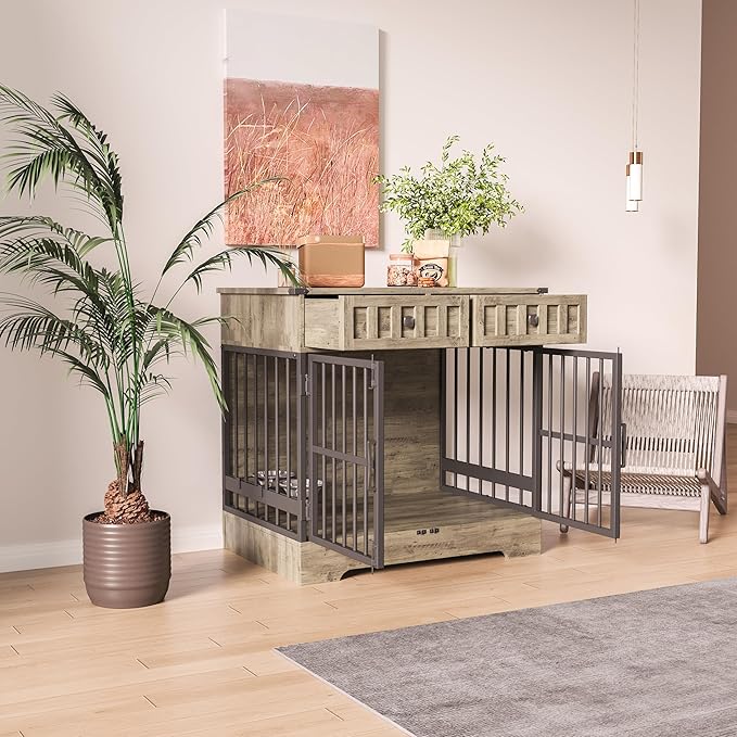 Dog Crate Furniture with 2 Drawers, 35.1" Indoor Wooden Animal Kennel with Detachable & Adjustable Feeder 2 Bowls, Large Medium Small Dog Cage End Table (Brown Gray Alternation)