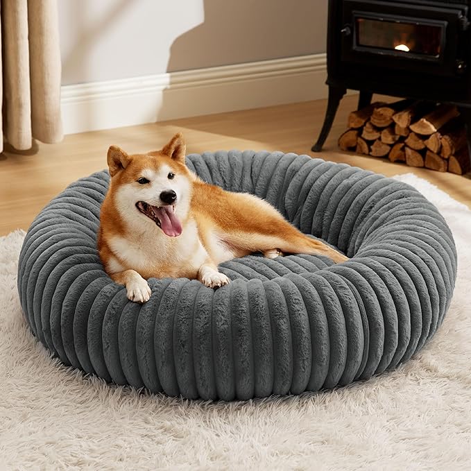 Bedsure ComfyFleece™ Donut Large Dog Bed - Washable Faux Fur with Corduroy Fleece & Anti Slip Bottom, Round Pet Bed with Removable Cover, Warm Grey, 36x36x8 inches