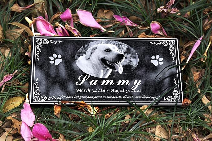 Personalized Memorial Granite Stone, headstones for Graves，Grave Markers for Cemetery， Engraved with Photo with Paw Print, Memorial Stones for Loved Ones,or Pet, Dog, Cat (Paw 3) …