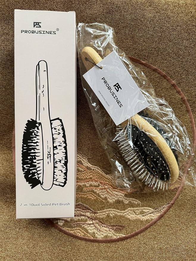 Pet Dog Brush Natural Bamboo Fiber Eco-Friendly Pet Grooming Dog and Cat Double-Sided Needle and Bristle Pet Deshedding Brush, brown
