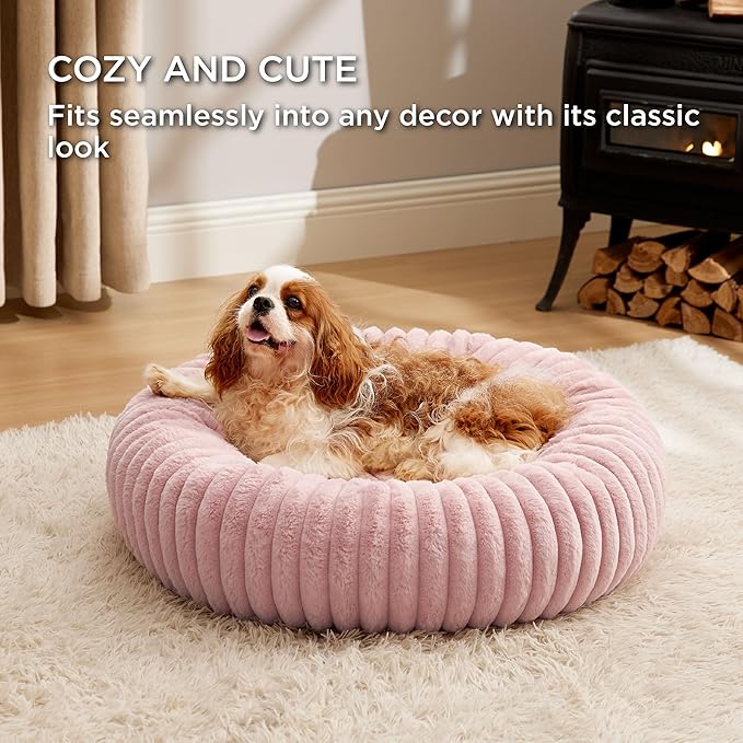 Bedsure ComfyFleece™ Donut Medium Dog Bed - Washable Faux Fur with Corduroy Fleece & Anti Slip Bottom, Round Pet Bed with Removable Cover, Blush Pink, 30x30x8 inches