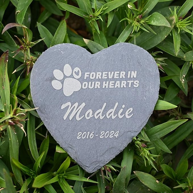 Pet Memorial Stone, 4inch Dog or Cat Garden Stone Heart Paw Print, Forever in Our Hearts Headstone Memory Gifts for Pet Loss