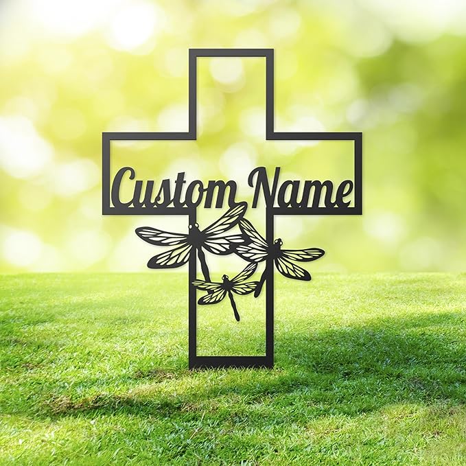 Metal Cross Garden Stake Personalized, Grave Marker for Human, Memorial Cross Stake for Loved One, Outdoor Metal Cross Yard Plaque, Sympathy Plaque Marker