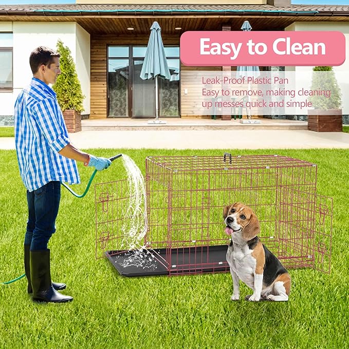 Foldable Dog Crate, 30 Inch, Pink, Portable, Easy to Clean, Safe and Secure Construction, Ideal for Travel and Indoor Use