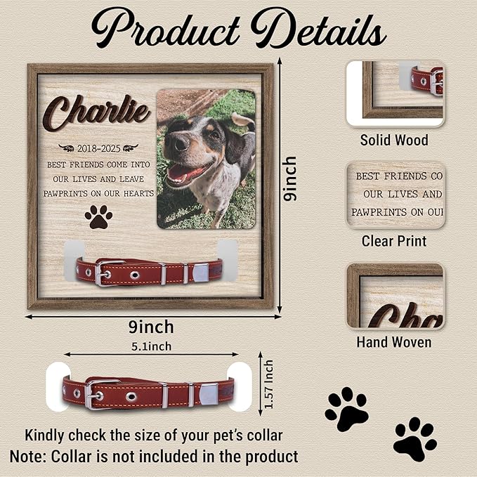 Dog Memorial Frame with Collar Holder – Best Friends Leave Pawprints on Our Hearts Quote – Personalized Pet Memorial Picture Frame with Name – Dog Loss Gift with White Wood Background