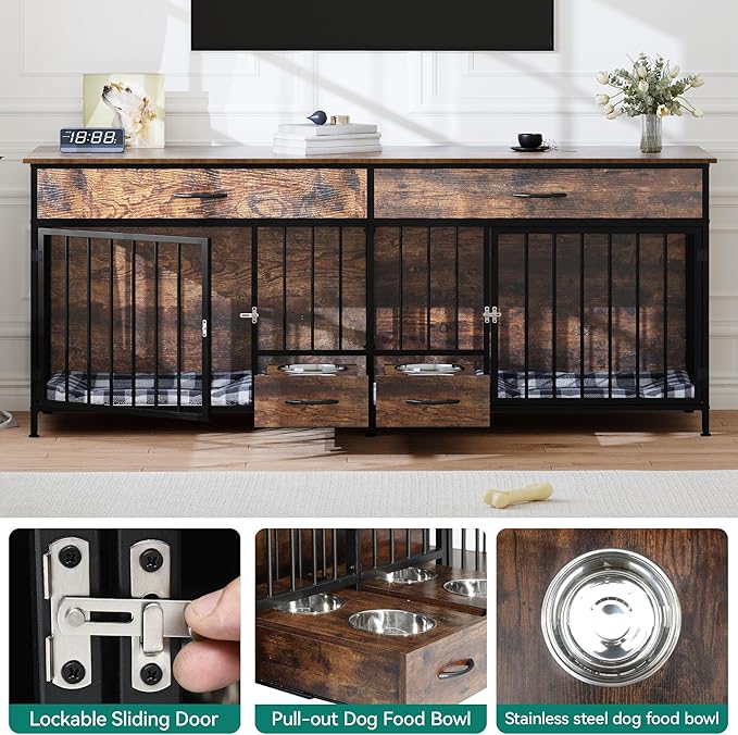 YITAHOME 74.8" Double Dog Crate Furniture with Dog Feeder, Heavy Duty Indoor Dog Kennel TV Stand with Drawers, Sturdy Dog Kennel with Divider for 2 Medium Large Dogs, Brown