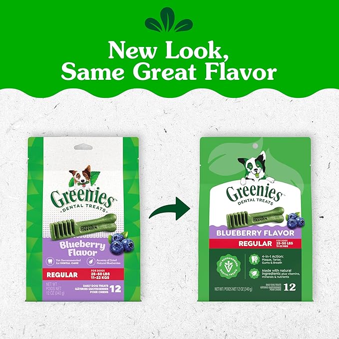 Greenies Veterinarian-Recommended Natural Dental Dog Treats, Dental Chews for Dogs, Regular Size, Blueberry Flavor, 12 oz. Pack, 12 Count