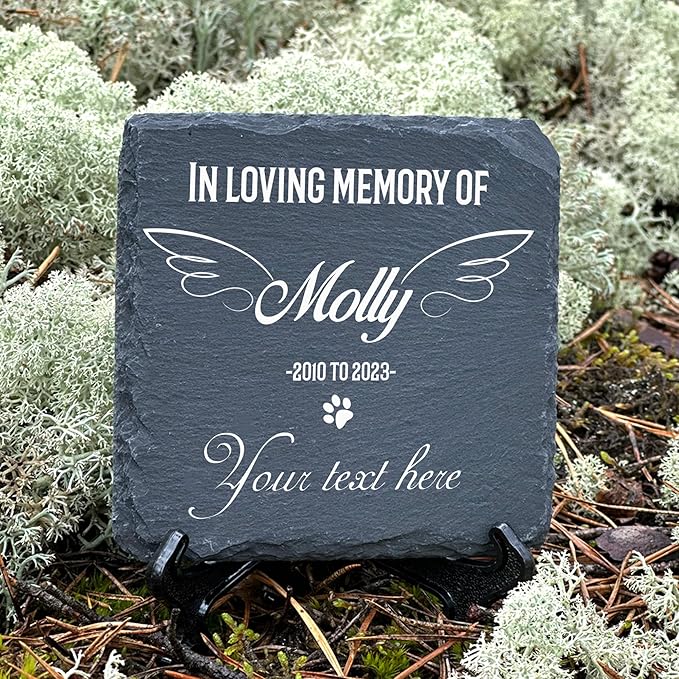 Personalized Individual Square Memorial Plaque + Stand for Pet Cat Dog Slate Stone Frame Paw Grave Marker - Size 3.94" x 3.94" or 100 x 100 mm - Custom Text