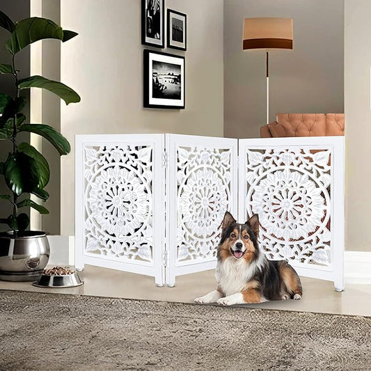 Lightnpro Wooden Dog Gate - Adjustable Freestanding Foldable Pet Safety Barrier for Indoor Use, Stylish Extra-Wide Fence for Dogs & Small Pets, Ideal for Stairs & Doorways - 24x54 Inch Antique White