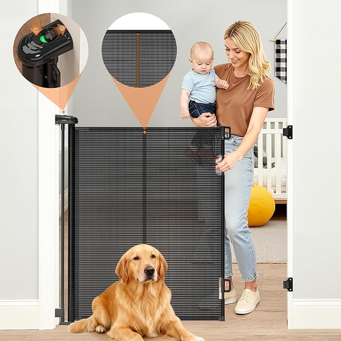 Retractable Baby Gate for Stairs, 42" Tall X 59" Wide Mesh Dog Gate Indoor, Child Gate for Doorways, Hallways, Deck, Indoor Outdoor Pet Baby Safety Essentials for Home, Black