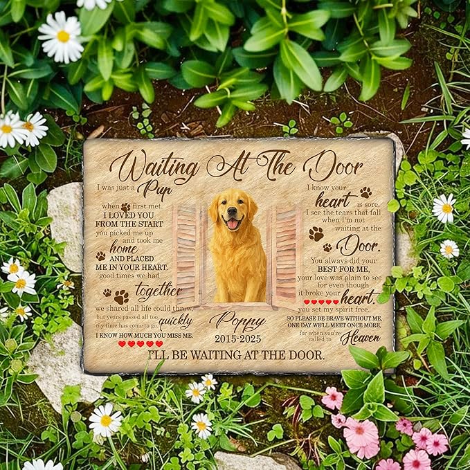 Pet Loss Memorial Stone Gift | Waiting at The Door Grave Marker for Dogs or Cats | Personalized Photo Remembrance Gift for Pet Owners | Animal Memorial Stones Dog