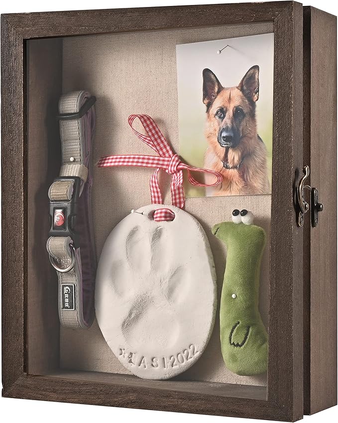 Pet Memorial Shadow Box with Clay Paw Print Impression Kit,Dog Wood Picture Frame Ornament as Loss Pet Keepsake and Gifts for Pet Lover