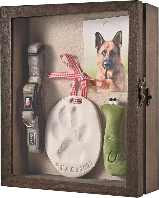 Pet Memorial Shadow Box with Clay Paw Print Impression Kit,Dog Wood Picture Frame Ornament as Loss Pet Keepsake and Gifts for Pet Lover