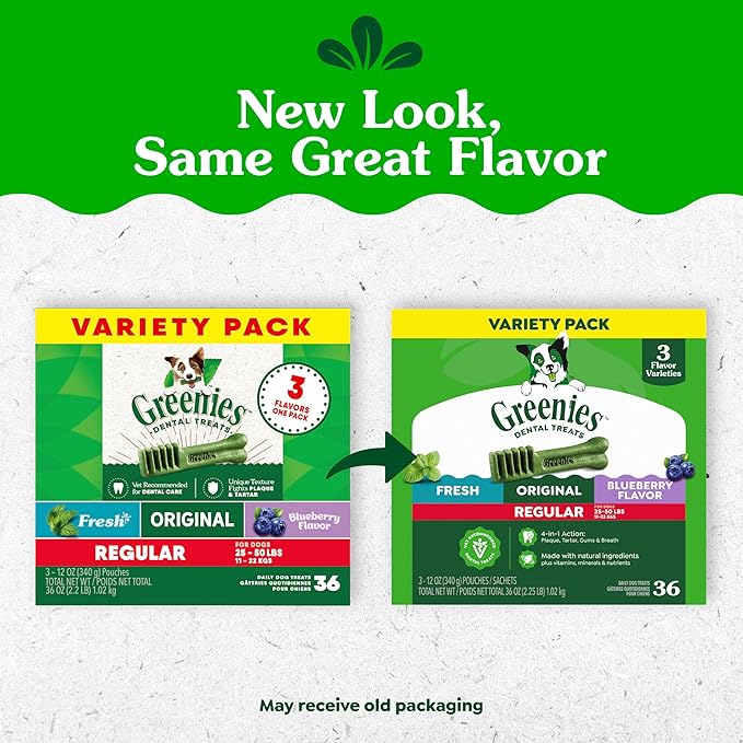Greenies Veterinarian-Recommended Natural Dental Dog Treats, Dental Chews For Dogs, Regular Size, Variety Pack Flavor, (3) 12 oz. Packs, 36 Count