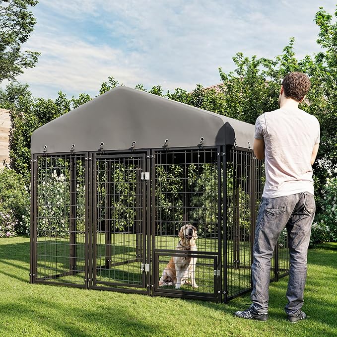 73"x70" Dog Kennel Outside, Large Outdoor Dog Kennel with Feeding Door and Double Lock, Heavy-Duty Weatherproof Dog Cage and Dog Fence with Roof, Outdoor for Large Dogs, Easy Assembly