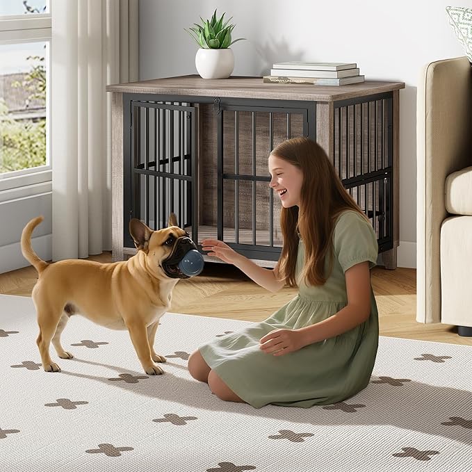31.5" Dog Crate Furniture, Wooden Dog Kennel Indoor with 360° Rotating Feeder and 2 Adjustable Bowls, Decorative Side End Table Dog Cage for Medium and Small Dogs, Grey