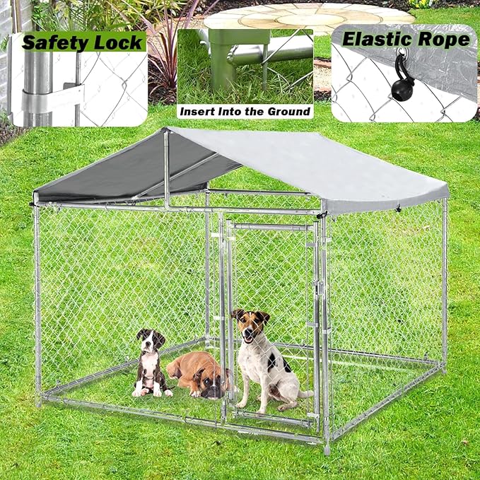 79 Inch Outdoor Dog Kennel for Large Dog, Heavy Duty Galvanized Steel Dog Enclosure with Waterproof UV-Resistant Cover, Lockable Door Chain Link Playpen for Rabbits, Chicken