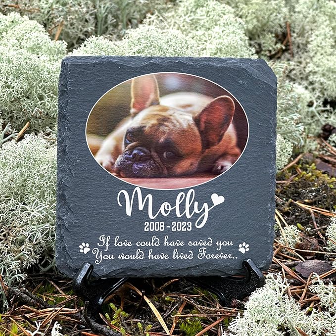 Personalized Individual Square Memorial Plaque + Stand for Pet Cat Dog Slate Stone Frame Paw Grave Marker - Size 3.94" x 3.94" or 100 x 100 mm - Oval Photo